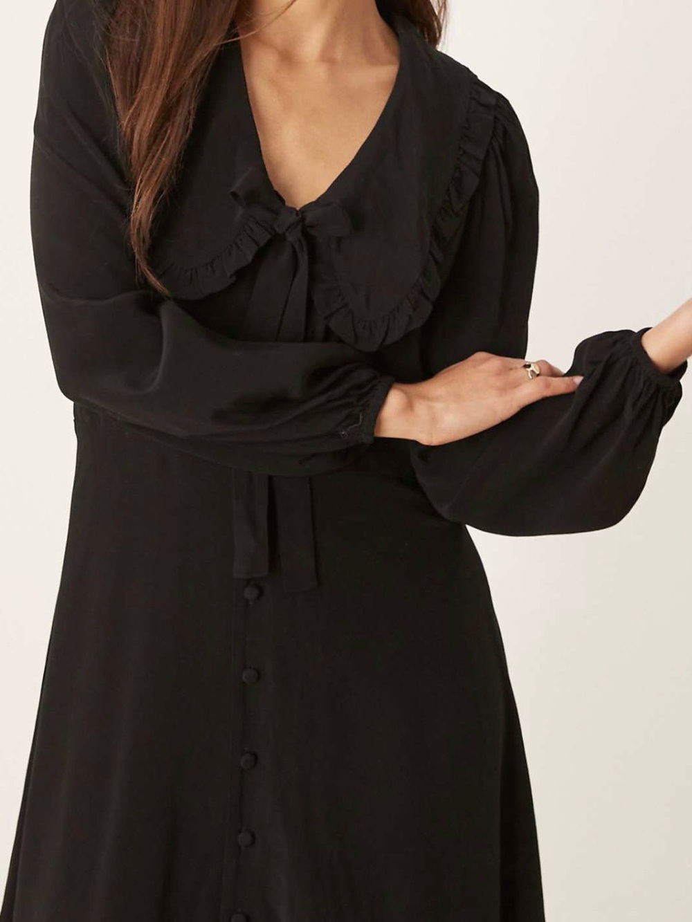 Nobody’s Child Black Long-Sleeve Ruffle Collar Dress with Front Tie